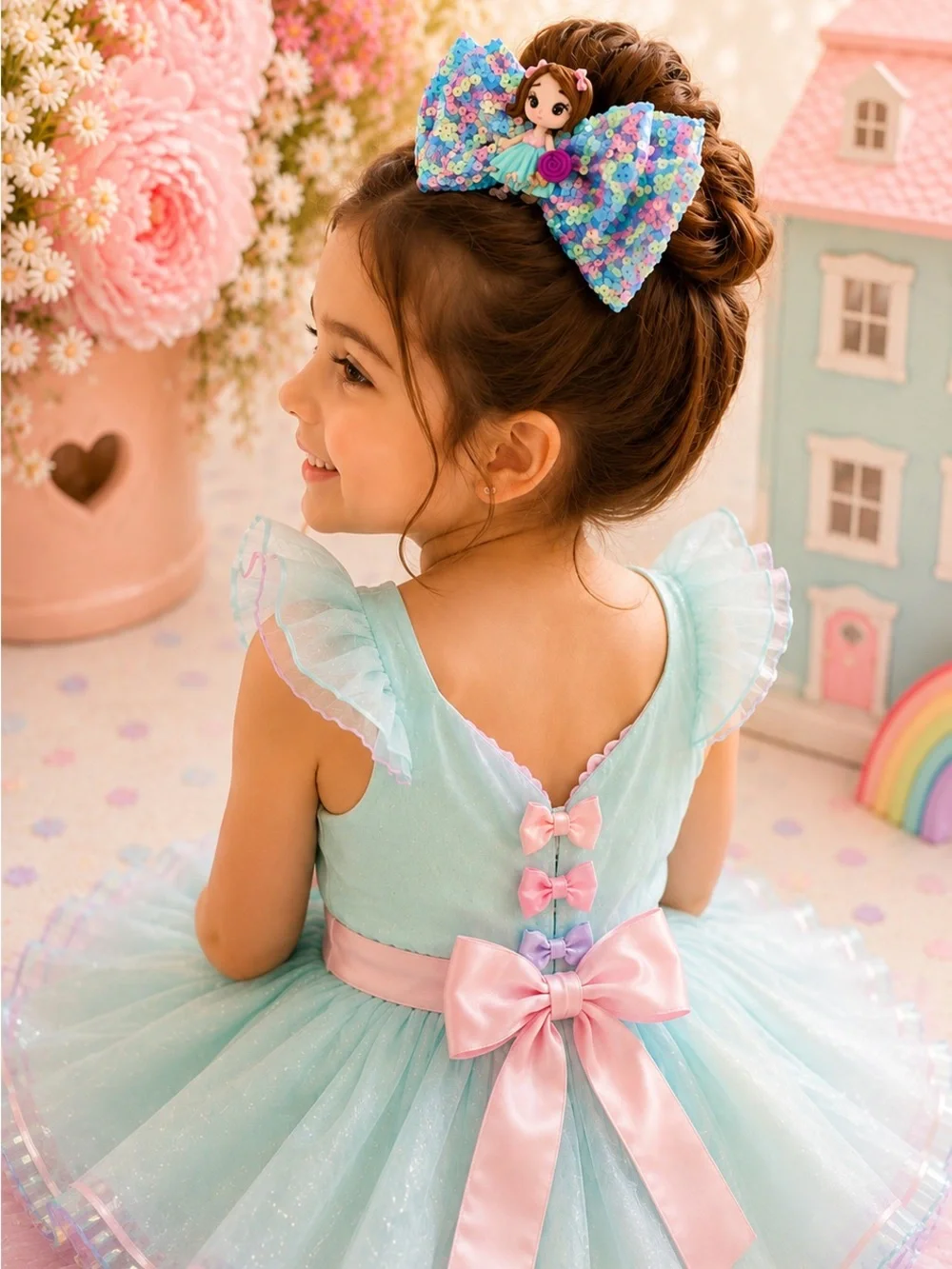 Sequin Pastel Bow Hair Clip with Doll Accent - Multicolor